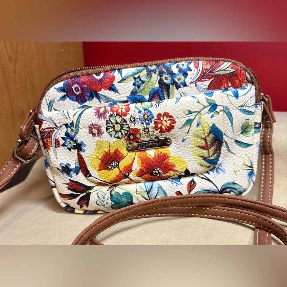 MultiSac Small Crossbody Bag Faux Leather Off-White Multi Color Floral Design - Picture 3 of 13